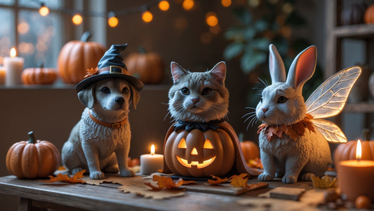 Personalized Halloween witch figurine and fairy figurine displayed in a festive home setting