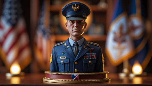 A veteran in uniform holding a detailed, custom 3D printed figurine of themselves, showing emotional pride and honor, with medals and decorations visible.