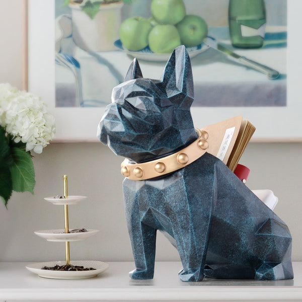 Turquoise colored dog storage box for home and office decor.