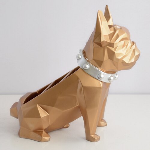 Golden colored dog storage box for home and office decor. Right view