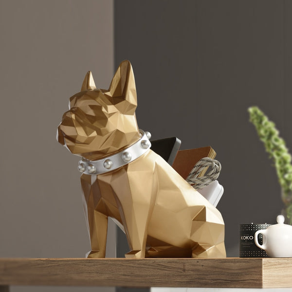 Golden colored dog storage box for home and office decor.
