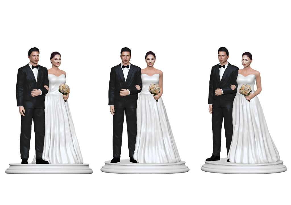 Collage of custom wedding cake topper figurine.