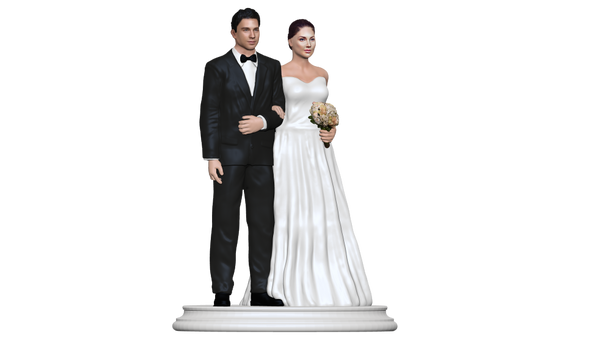 Custom wedding cake topper figurine view from left.