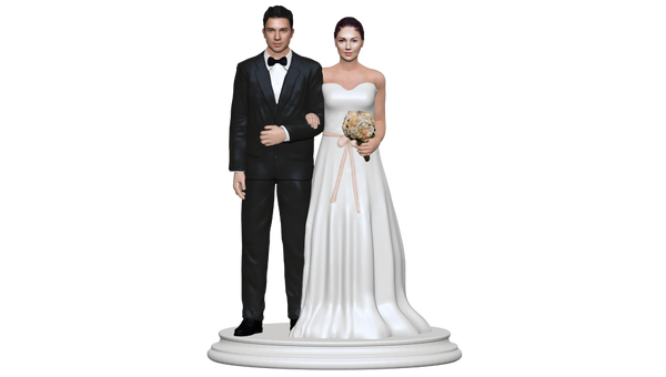 Collage of personalized wedding figurine/cake topper view from front.