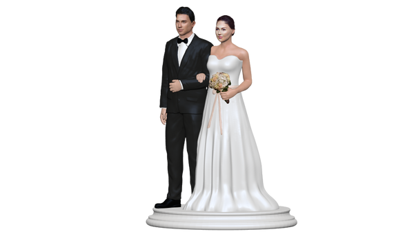 Collage of personalized wedding figurine/cake topper view from right.