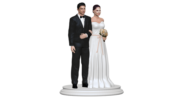 Collage of personalized wedding figurine/cake topper view from left